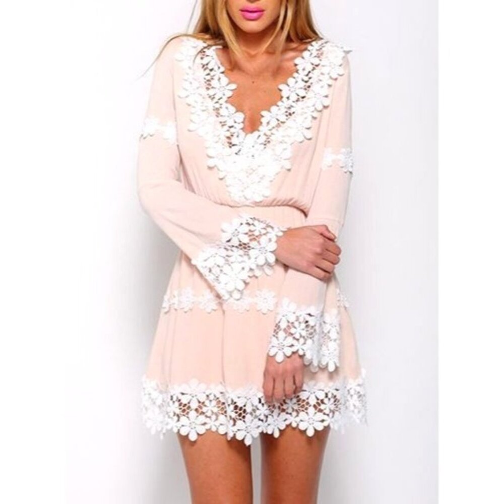 CCC Daisy Lace Trim Long Sleeve Pink Boho Dress Floral Cotton Embroidery Size LG - Picture 2 of 11